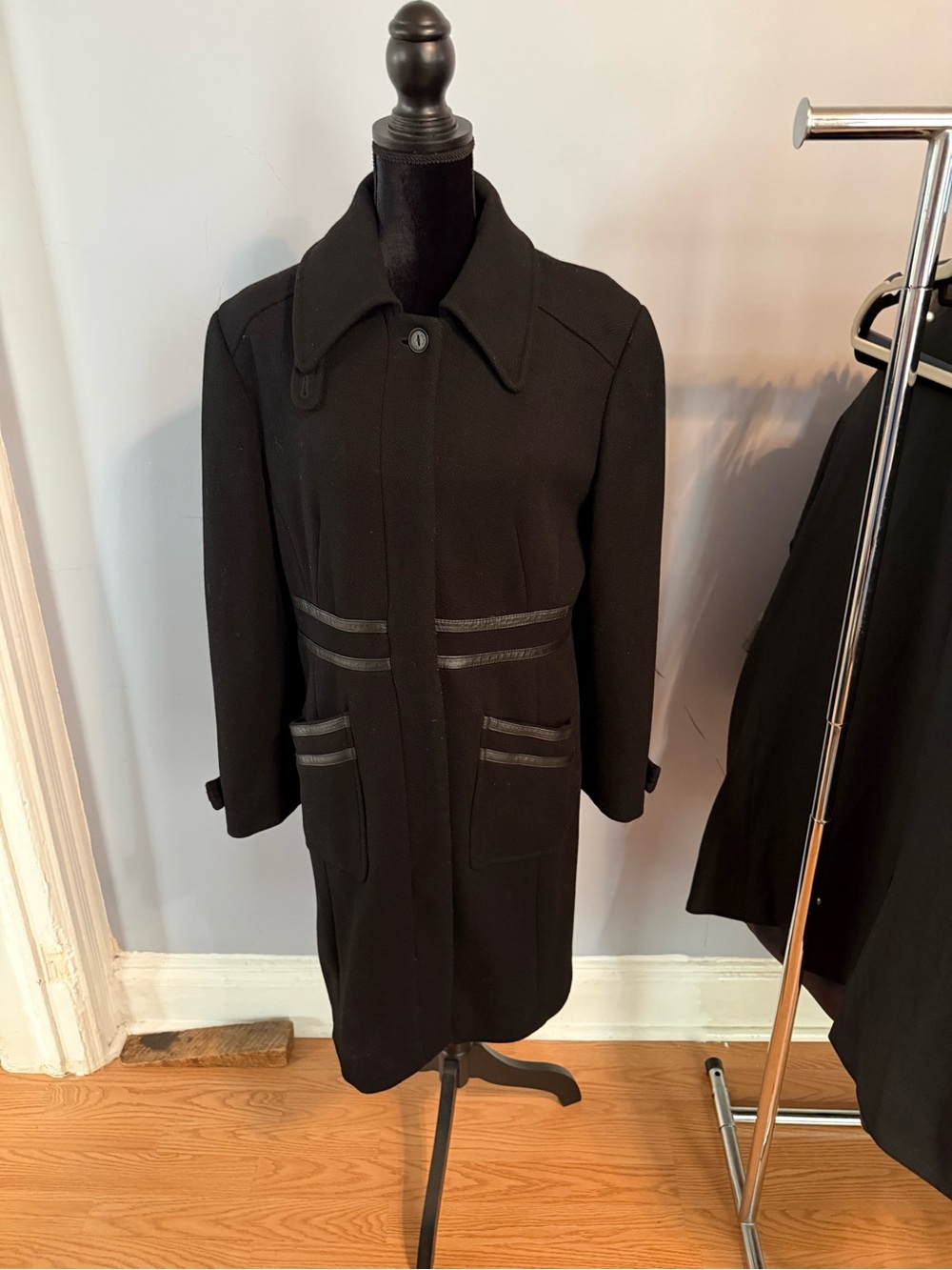 Via Spiga Black Wool Trench Coat with Leather Trim